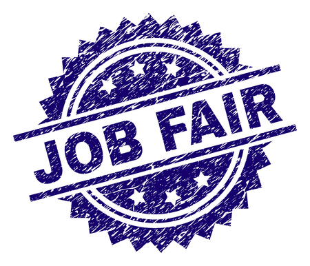 JOB FAIR stamp seal watermark with distress style. Blue vector rubber print of JOB FAIR caption with scratched texture.のイラスト素材