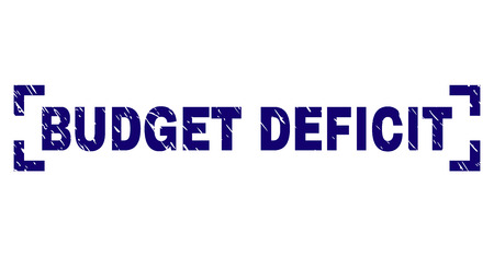 BUDGET DEFICIT label seal imprint with grunge texture. Text label is placed inside corners. Blue vector rubber print of BUDGET DEFICIT with unclean texture.のイラスト素材