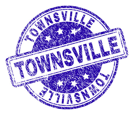 TOWNSVILLE stamp seal imprint with grunge texture. Designed with rounded rectangles and circles. Blue vector rubber print of TOWNSVILLE tag with retro texture.のイラスト素材