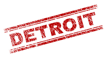 DETROIT seal watermark with grunge texture. Red vector rubber print of DETROIT label with scratched texture. Text label is placed between double parallel lines.のイラスト素材