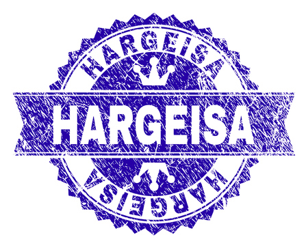 HARGEISA rosette stamp seal watermark with grunge texture. Designed with round rosette, ribbon and small crowns. Blue vector rubber watermark of HARGEISA text with dirty texture.のイラスト素材