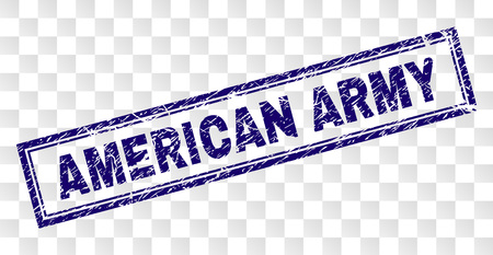 AMERICAN ARMY stamp seal print with grunge style and double framed rectangle shape. Stamp is placed on a transparent background. Blue vector rubber print of AMERICAN ARMY title with dirty texture.のイラスト素材