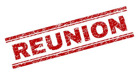 REUNION seal print with grunge style. Red vector rubber print of REUNION label with corroded texture. Text label is placed between double parallel lines.のイラスト素材