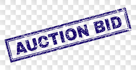 AUCTION BID stamp seal watermark with rubber print style and double framed rectangle shape. Stamp is placed on a transparent background. Blue vector rubber print of AUCTION BID tag with dust texture.のイラスト素材