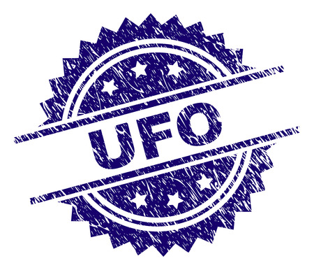 UFO stamp seal watermark with distress style. Blue vector rubber print of UFO tag with unclean texture.のイラスト素材