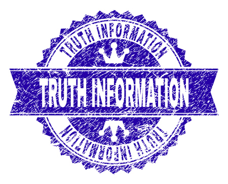 TRUTH INFORMATION rosette stamp imitation with grunge style. Designed with round rosette, ribbon and small crowns. Blue vector rubber watermark of TRUTH INFORMATION title with grunge texture.のイラスト素材