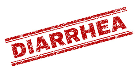 DIARRHEA seal print with corroded texture. Red vector rubber print of DIARRHEA title with retro texture. Text label is placed between double parallel lines.のイラスト素材