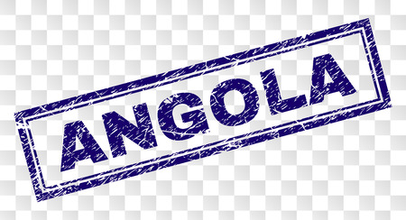 ANGOLA stamp seal imprint with rubber print style and double framed rectangle shape. Stamp is placed on a transparent background. Blue vector rubber print of ANGOLA caption with dirty texture.のイラスト素材