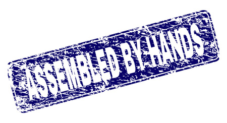 ASSEMBLED BY HANDS stamp seal print with distress texture. Seal shape is a rounded rectangle with frame. Blue vector rubber print of ASSEMBLED BY HANDS caption with dirty texture.のイラスト素材