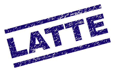 LATTE seal print with distress style. Blue vector rubber print of LATTE tag with corroded texture. Text tag is placed between parallel lines.のイラスト素材