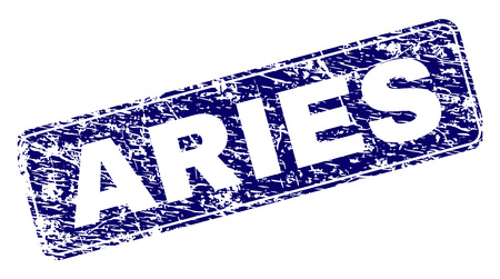 ARIES stamp seal print with grunge texture. Seal shape is a rounded rectangle with frame. Blue vector rubber print of ARIES title with grunge texture.のイラスト素材