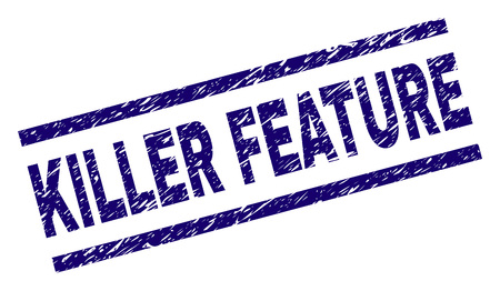 KILLER FEATURE seal print with grunge style. Blue vector rubber print of KILLER FEATURE title with grunge texture. Text tag is placed between parallel lines.のイラスト素材