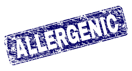 ALLERGENIC stamp seal print with distress style. Seal shape is a rounded rectangle with frame. Blue vector rubber print of ALLERGENIC title with corroded style.のイラスト素材