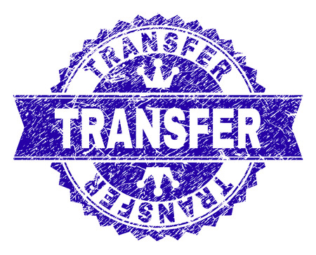 TRANSFER rosette stamp seal imitation with grunge style. Designed with round rosette, ribbon and small crowns. Blue vector rubber print of TRANSFER text with dirty style.のイラスト素材