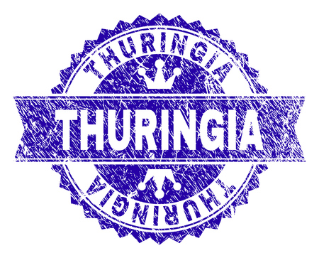 THURINGIA rosette stamp seal watermark with grunge texture. Designed with round rosette, ribbon and small crowns. Blue vector rubber watermark of THURINGIA title with scratched texture.のイラスト素材