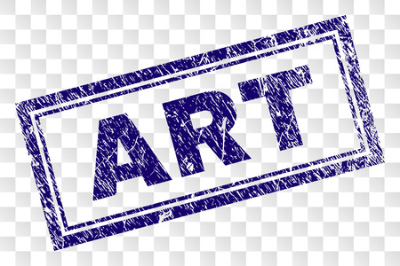 ART stamp seal print with rubber print style and double framed rectangle shape. Stamp is placed on a transparent background. Blue vector rubber print of ART label with dirty texture.のイラスト素材