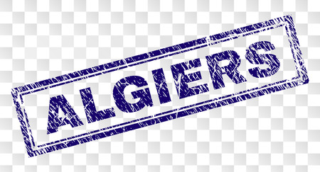 ALGIERS stamp seal print with scratched style and double framed rectangle shape. Stamp is placed on a transparent background. Blue vector rubber print of ALGIERS label with unclean texture.のイラスト素材