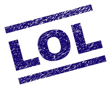 LOL seal print with grunge style. Blue vector rubber print of LOL text with dust texture. Text tag is placed between parallel lines.のイラスト素材