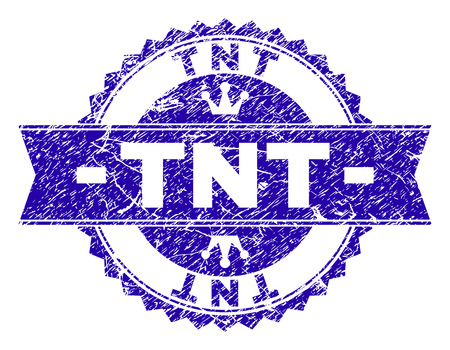 TNT rosette stamp seal watermark with distress style. Designed with round rosette, ribbon and small crowns. Blue vector rubber watermark of TNT label with dirty style.のイラスト素材