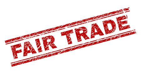 FAIR TRADE seal print with grunge texture. Red vector rubber print of FAIR TRADE text with unclean texture. Text tag is placed between double parallel lines.のイラスト素材