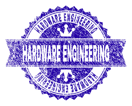 HARDWARE ENGINEERING rosette seal watermark with distress texture. Designed with round rosette, ribbon and small crowns. Blue vector rubber watermark of HARDWARE ENGINEERING tag with grunge style.のイラスト素材