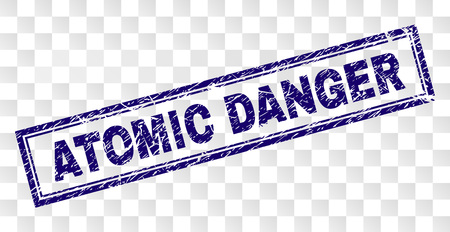 ATOMIC DANGER stamp seal print with rubber print style and double framed rectangle shape. Stamp is placed on a transparent background.のイラスト素材