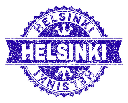 HELSINKI rosette stamp seal watermark with grunge style. Designed with round rosette, ribbon and small crowns. Blue vector rubber watermark of HELSINKI caption with dust style.のイラスト素材