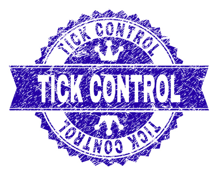 TICK CONTROL rosette seal imitation with distress texture. Designed with round rosette, ribbon and small crowns. Blue vector rubber watermark of TICK CONTROL text with dust texture.のイラスト素材