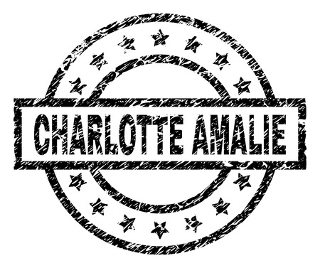 CHARLOTTE AMALIE stamp seal watermark with distress style. Designed with rectangle, circles and stars. Black vector rubber print of CHARLOTTE AMALIE label with unclean texture.のイラスト素材