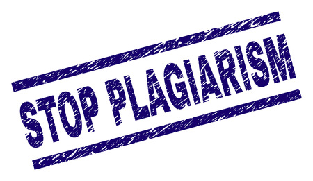 STOP PLAGIARISM seal print with scratced style. Blue vector rubber print of STOP PLAGIARISM caption with retro texture. Text caption is placed between parallel lines.のイラスト素材