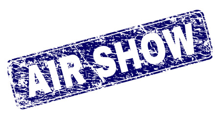 AIR SHOW stamp seal print with distress style. Seal shape is a rounded rectangle with frame. Blue vector rubber print of AIR SHOW text with scratched style.のイラスト素材