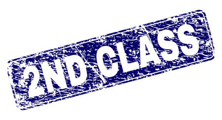 2ND CLASS stamp seal watermark with distress style. Seal shape is a rounded rectangle with frame. Blue vector rubber print of 2ND CLASS tag with dirty style.のイラスト素材
