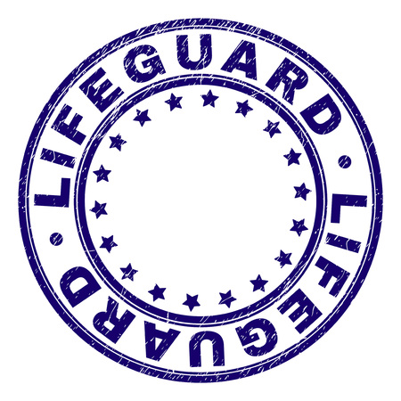 LIFEGUARD stamp seal imprint with grunge texture. Designed with round shapes and stars. Blue vector rubber print of LIFEGUARD title with grunge texture.のイラスト素材