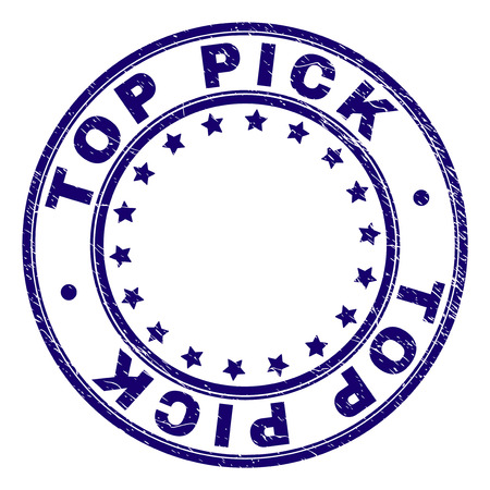TOP PICK stamp seal imprint with distress texture. Designed with circles and stars. Blue vector rubber print of TOP PICK text with dust texture.のイラスト素材