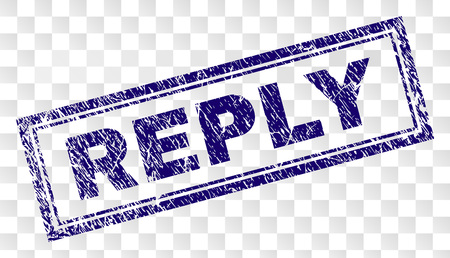 REPLY stamp seal print with grunge style and double framed rectangle shape. Stamp is placed on a transparent background. Blue vector rubber print of REPLY label with corroded texture.のイラスト素材