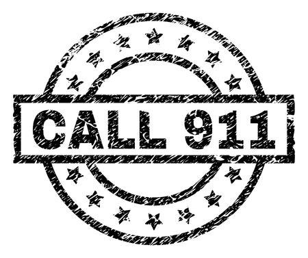 CALL 911 stamp seal watermark with distress style. Designed with rectangle, circles and stars. Black vector rubber print of CALL 911 label with retro texture.のイラスト素材