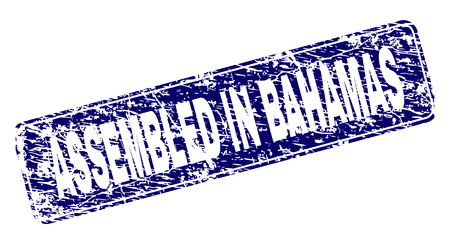 ASSEMBLED IN BAHAMAS stamp seal print with distress texture. Seal shape is a rounded rectangle with frame. Blue vector rubber print of ASSEMBLED IN BAHAMAS label with dust texture.のイラスト素材