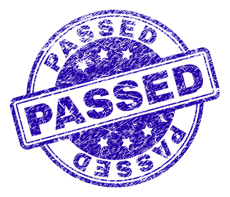 PASSED stamp seal imprint with grunge texture. Designed with rounded rectangles and circles. Blue vector rubber print of PASSED text with unclean texture.のイラスト素材