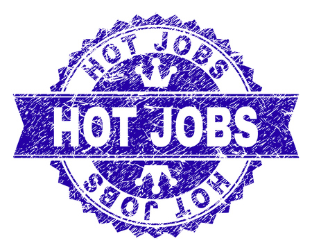 HOT JOBS rosette stamp watermark with distress texture. Designed with round rosette, ribbon and small crowns. Blue vector rubber watermark of HOT JOBS title with dirty texture.のイラスト素材