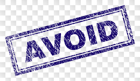 AVOID stamp seal watermark with rubber print style and double framed rectangle shape. Stamp is placed on a transparent background. Blue vector rubber print of AVOID title with unclean texture.のイラスト素材