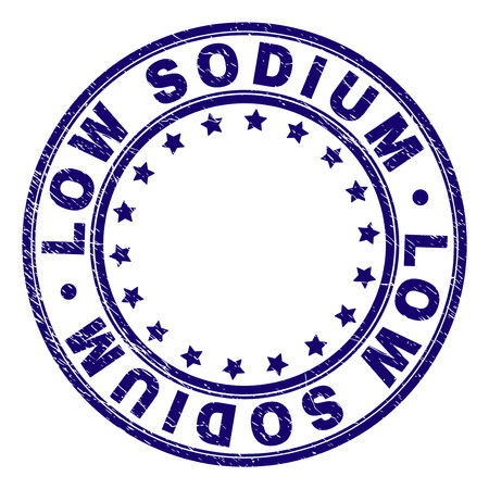 LOW SODIUM stamp seal watermark with grunge effect. Designed with circles and stars. Blue vector rubber print of LOW SODIUM title with grunge texture.のイラスト素材