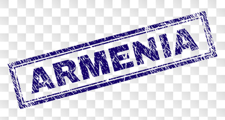 ARMENIA stamp seal print with dirty style and double framed rectangle shape. Stamp is placed on a transparent background. Blue vector rubber print of ARMENIA title with dirty texture.のイラスト素材