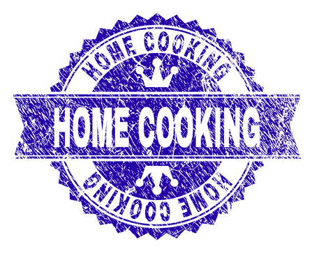 HOME COOKING rosette seal watermark with grunge texture. Designed with round rosette, ribbon and small crowns. Blue vector rubber watermark of HOME COOKING text with scratched texture.のイラスト素材