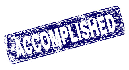 ACCOMPLISHED stamp seal watermark with grunge style. Seal shape is a rounded rectangle with frame. Blue vector rubber print of ACCOMPLISHED tag with grunge style.のイラスト素材