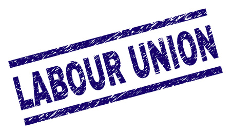 LABOUR UNION seal print with distress style. Blue vector rubber print of LABOUR UNION tag with dust texture. Text tag is placed between parallel lines.のイラスト素材