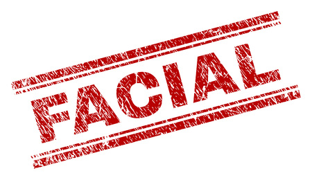 FACIAL seal print with corroded texture. Red vector rubber print of FACIAL tag with dust texture. Text tag is placed between double parallel lines.のイラスト素材