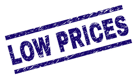 LOW PRICES seal stamp with distress style. Blue vector rubber print of LOW PRICES label with retro texture. Text label is placed between parallel lines.のイラスト素材