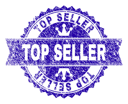 TOP SELLER rosette stamp imprint with grunge style. Designed with round rosette, ribbon and small crowns. Blue vector rubber print of TOP SELLER text with scratched style.のイラスト素材