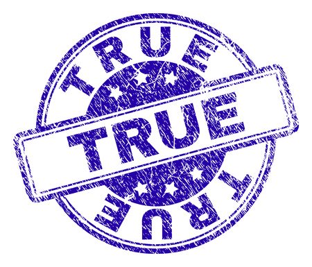 TRUE stamp seal watermark with grunge texture. Designed with rounded rectangles and circles. Blue vector rubber print of TRUE text with retro texture.のイラスト素材