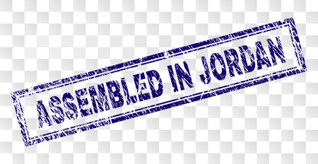 ASSEMBLED IN JORDAN stamp seal print with rubber print style and double framed rectangle shape. Stamp is placed on a transparent background.のイラスト素材